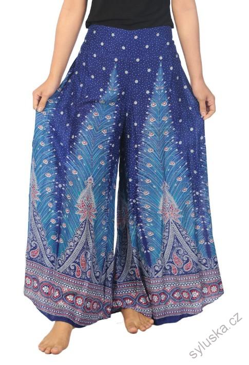 BOHO kalhoty AIDANY paví pera, vel. S-XL - MODRÉ