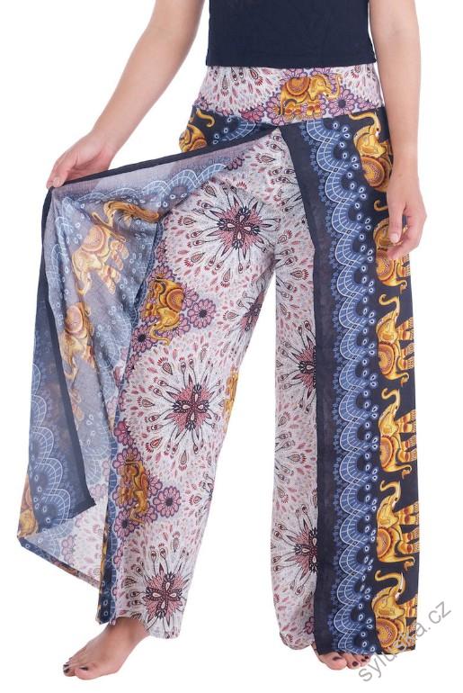 BOHO kalhoty LILIANA květinové, vel. S-XL - ČERNÉ