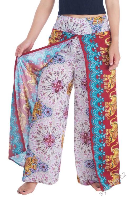 BOHO kalhoty LILIANA květinové, vel. S-XL - VÍNOVÉ
