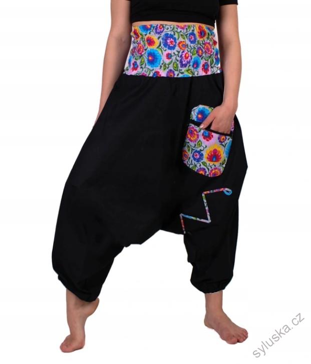 Bavlněné HAREM YOGA kalhoty ČERNO-MODRÉ květinové