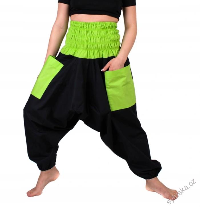 Bavlněné HAREM YOGA kalhoty ČERNÉ - SE SVĚTLE ZELENOU