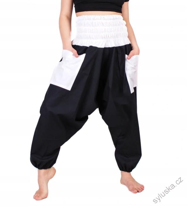 Bavlněné HAREM YOGA kalhoty ČERNÉ - S BÍLOU