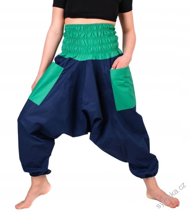 Bavlněné HAREM YOGA kalhoty MODRÉ - SE ZELENOU