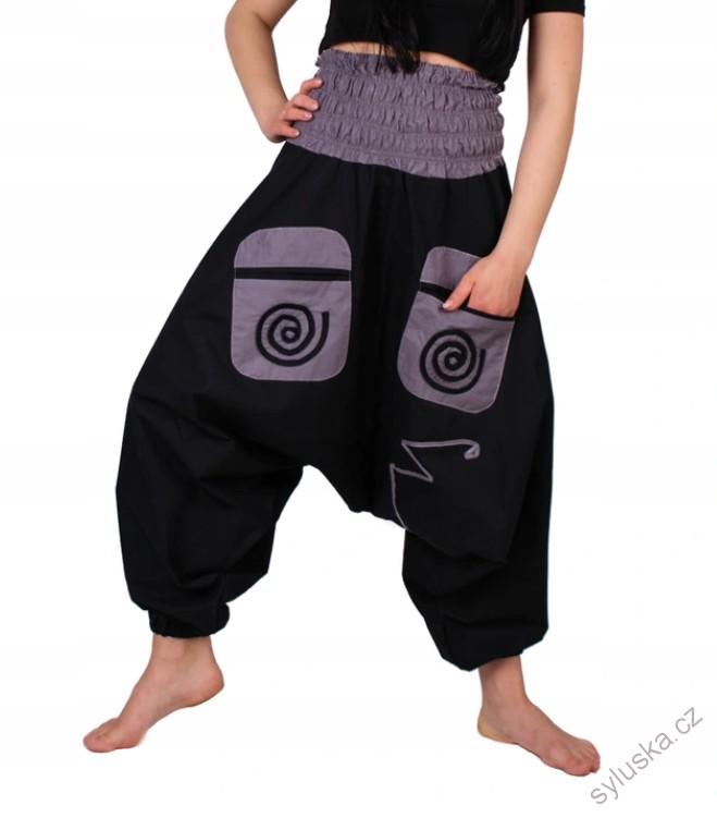 Bavlněné HAREM YOGA kalhoty ČERNÉ - SE ŠEDOU