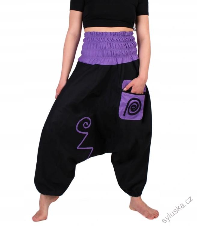 Bavlněné HAREM YOGA kalhoty ČERNÉ - S FIALOVOU