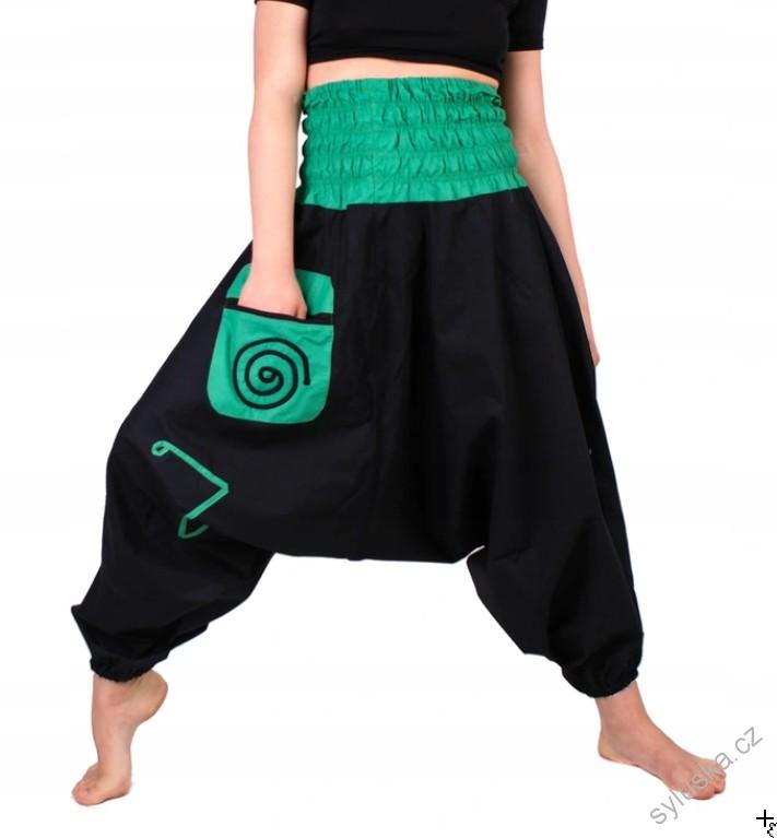 Bavlněné HAREM YOGA kalhoty ČERNÉ - SE ZELENOU