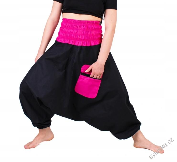 Bavlněné HAREM YOGA kalhoty ČERNÉ - S RŮŽOVOU