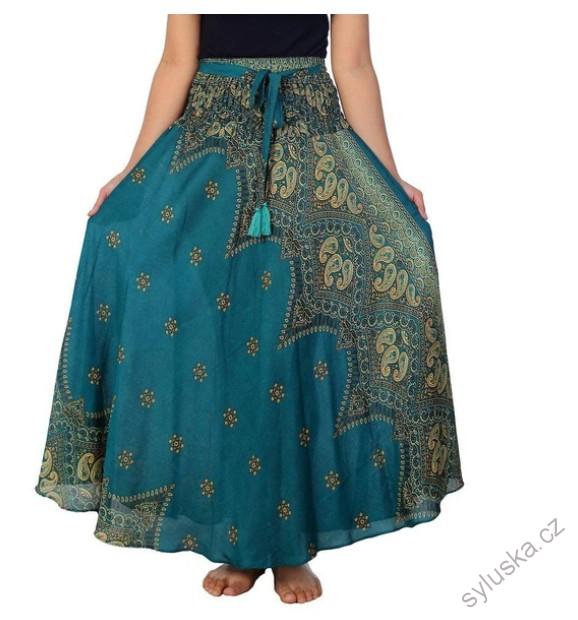 BOHO sukně s kašmírovým potiskem - MODROZELENÁ, vel. S-XL