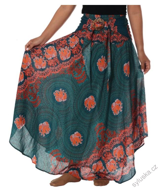 BOHO sukně se sloníky - MODROZELENÁ, vel. S-XL