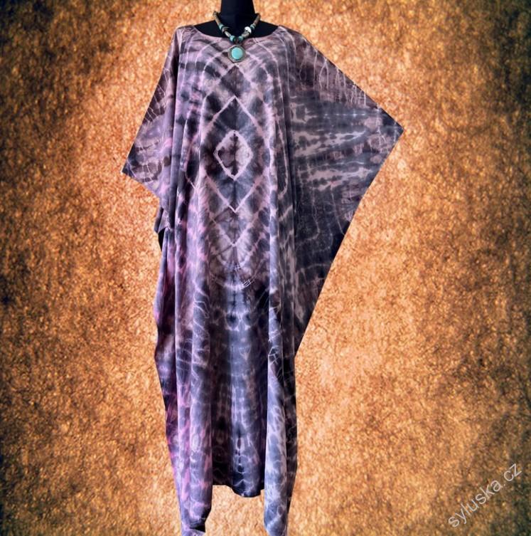 Fialový KAFTAN dlouhý batikovaný (38) - kulatý výstřih