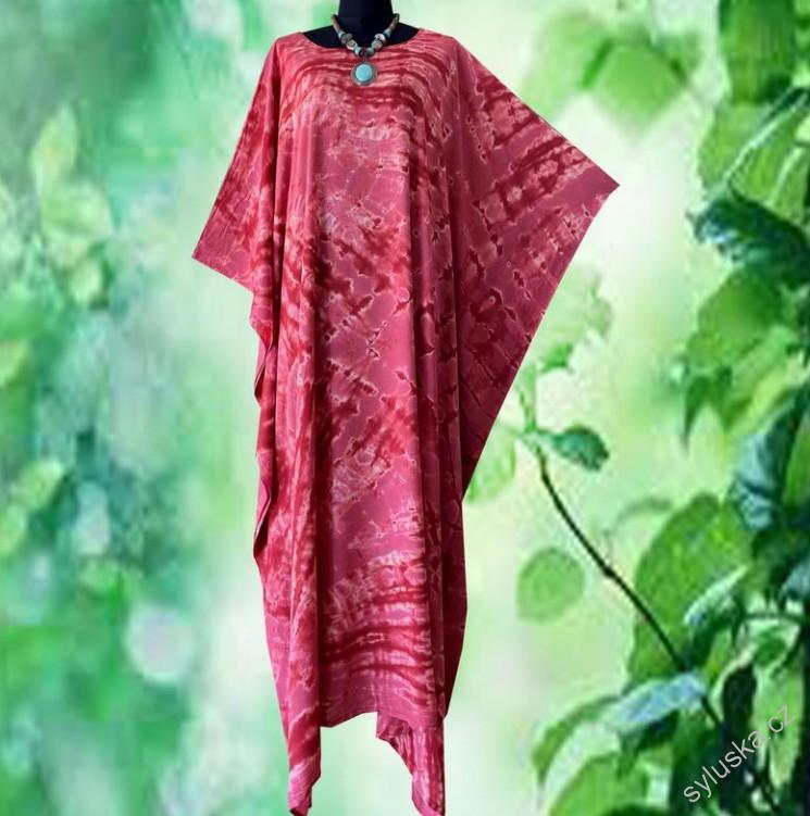 Vínově červený KAFTAN dlouhý batikovaný (40) - kulatý výstřih