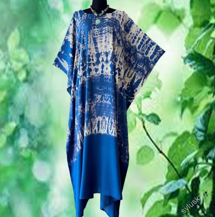 Modrý KAFTAN dlouhý batikovaný (47) - kulatý výstřih