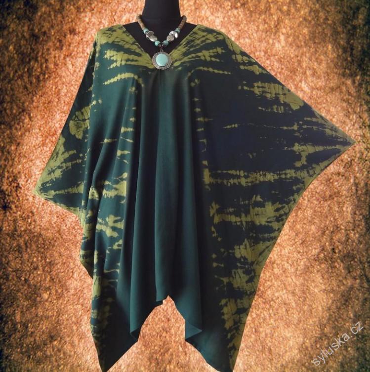 Zelený krátký kaftan batikovaný (40) - výstřih do V