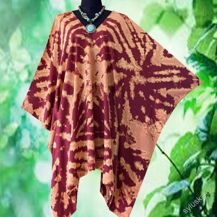Vínový krátký kaftan batikovaný (44) - výstřih do V