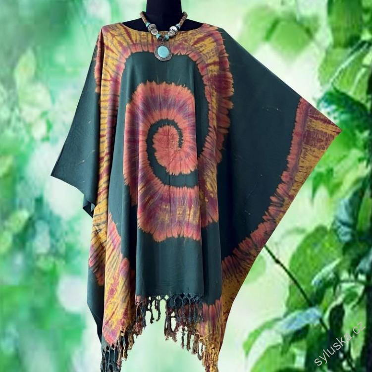 Zelený batikovaný krátký kaftan s třásněmi (35) - kulatý výstřih