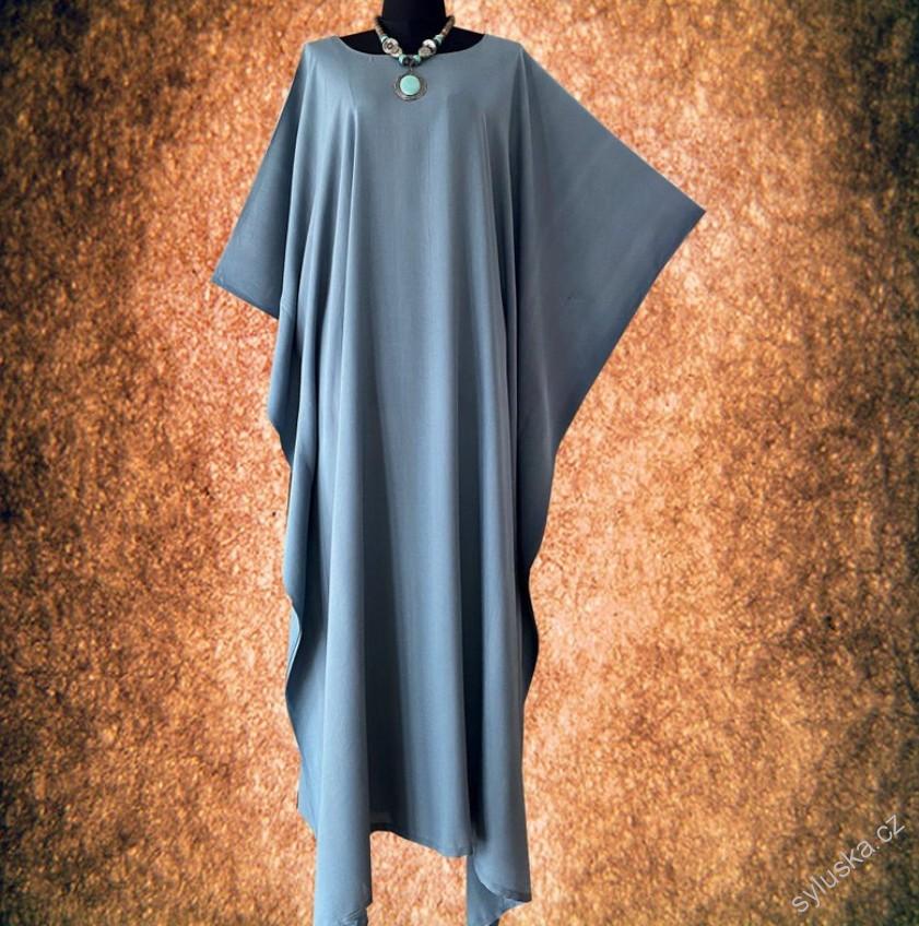 MODROŠEDÝ jednobarevný KAFTAN dlouhý (25) - kulatý výstřih