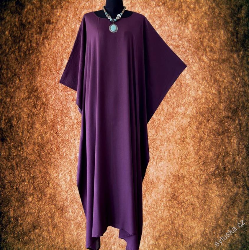 TMAVĚ FIALOVÝ jednobarevný KAFTAN dlouhý (25) - kulatý výstřih