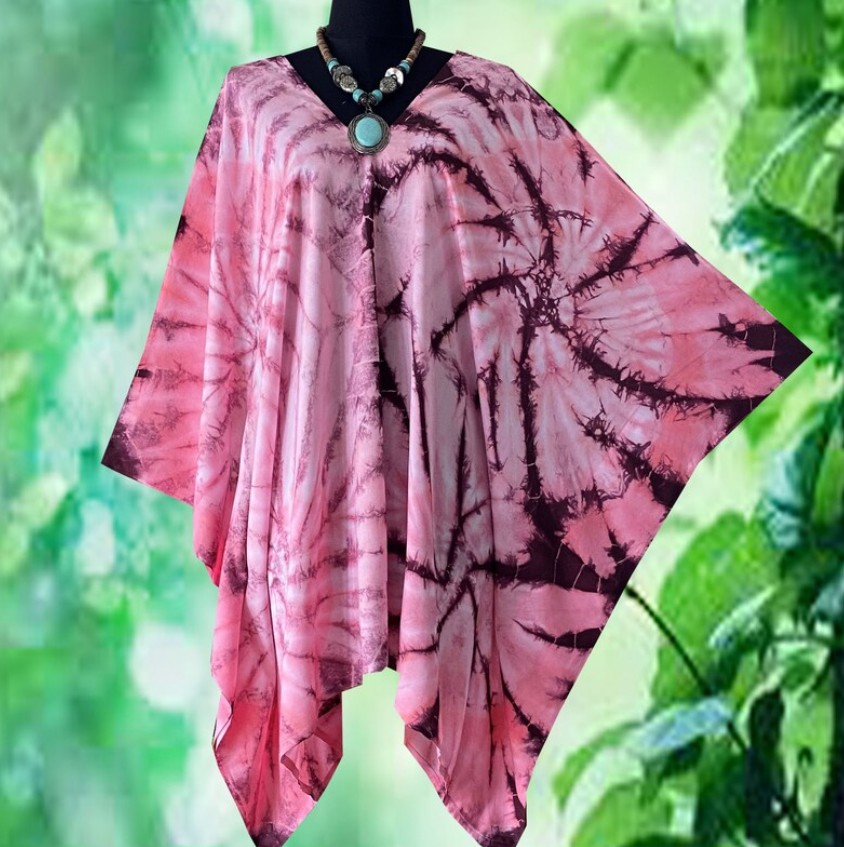 Růžový krátký kaftan batikovaný (46) - výstřih do V