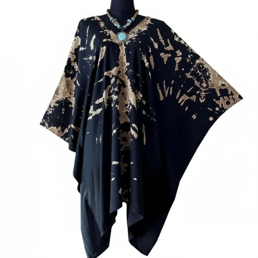 SKLADEM - Černý batikovaný krátký kaftan (50) - výstřih do V