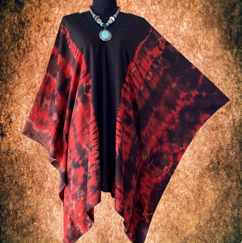 Černo-červený batikovaný krátký kaftan (51) - výstřih do V
