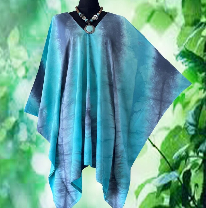Tyrkysový batikovaný krátký kaftan (55) - výstřih do V