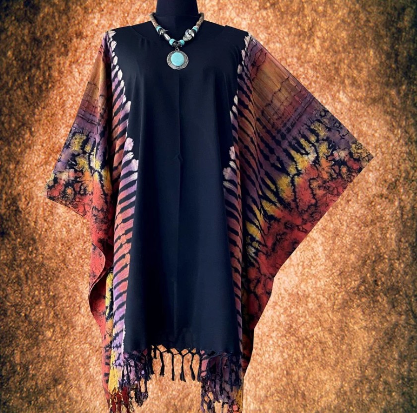 Černý batikovaný krátký kaftan s třásněmi (47) - kulatý výstřih