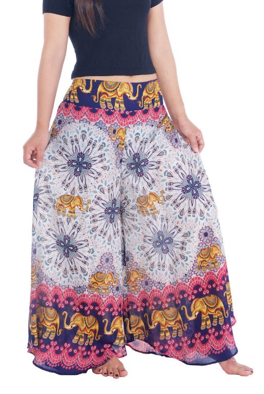 BOHO širší kalhoty AIDANY se sloníky , vel. S-XL - TMAVĚ MODRÉ