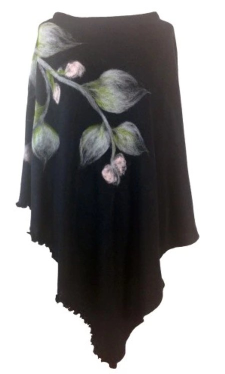 Květinové pončo + šála - ČERNÉ