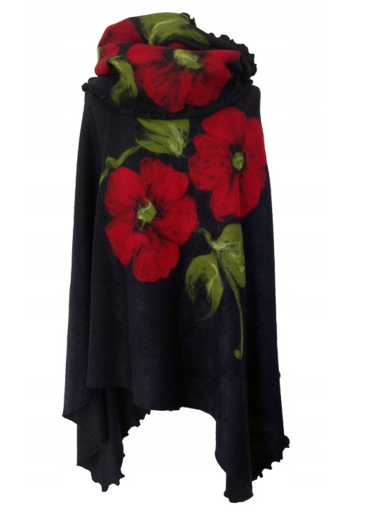 Pončo s červenými květy + šála - ČERNÉ