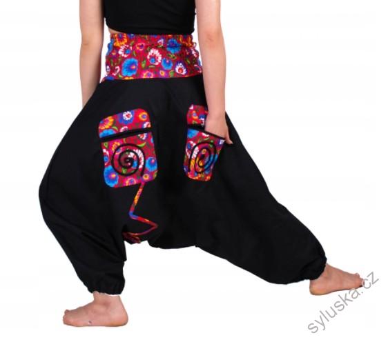 Bavlněné HAREM YOGA kalhoty ČERNO-ČERVENÉ květinové