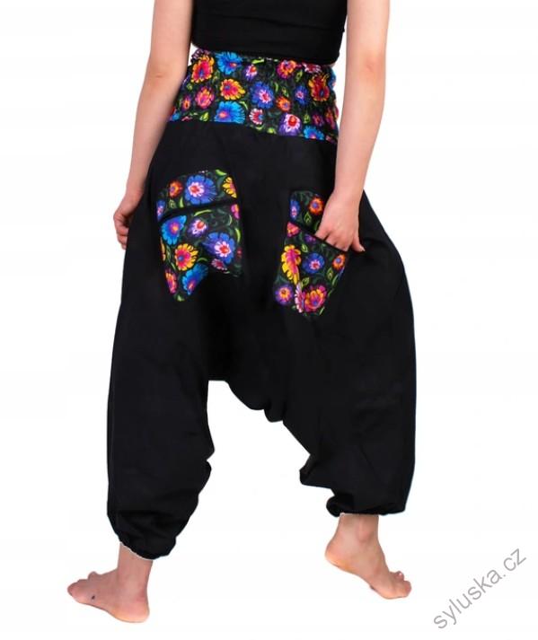 Bavlněné HAREM YOGA kalhoty ČERNÉ MULTICOLOR květinové
