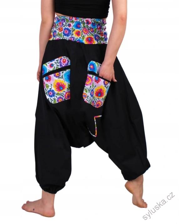 Bavlněné HAREM YOGA kalhoty ČERNO-MODRÉ květinové