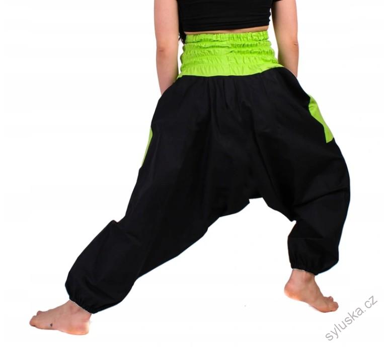 Bavlněné HAREM YOGA kalhoty ČERNÉ - SE SVĚTLE ZELENOU