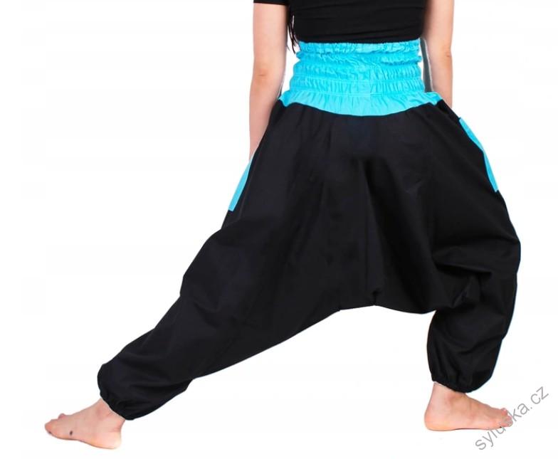 Bavlněné HAREM YOGA kalhoty ČERNÉ - S TYRKYSOVOU
