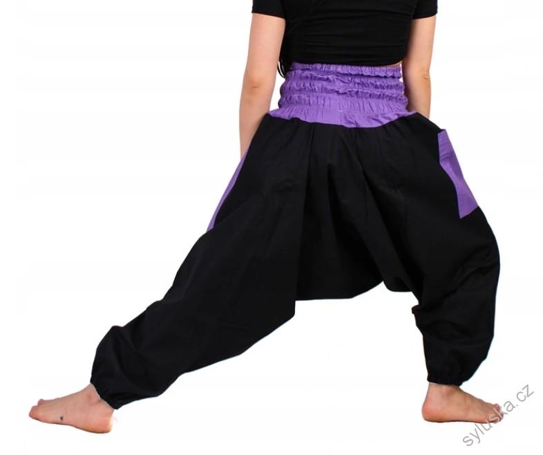 Bavlněné HAREM YOGA kalhoty ČERNÉ - S FIALOVOU