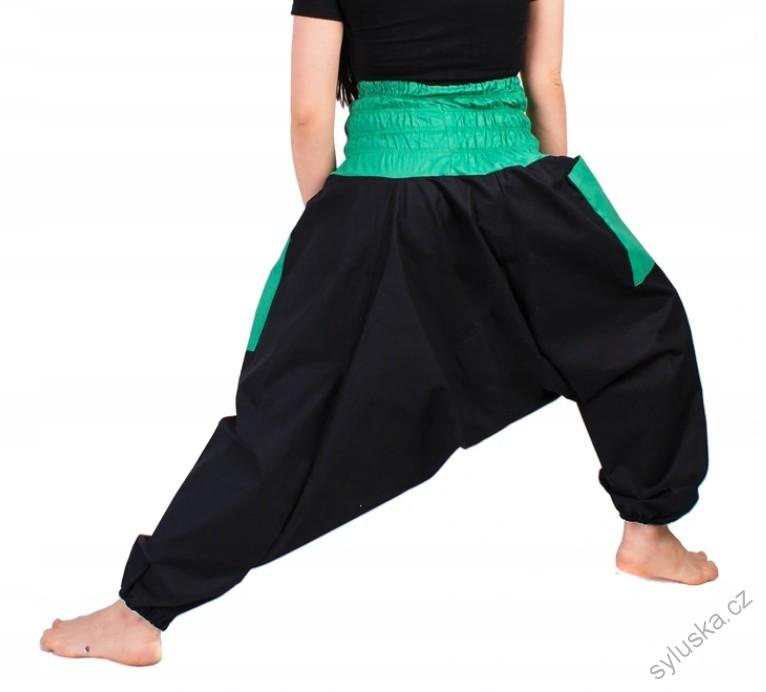 Bavlněné HAREM YOGA kalhoty ČERNÉ - SE ZELENOU