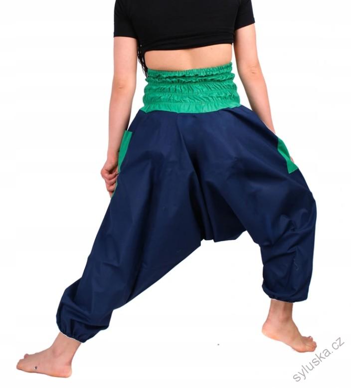 Bavlněné HAREM YOGA kalhoty MODRÉ - SE ZELENOU