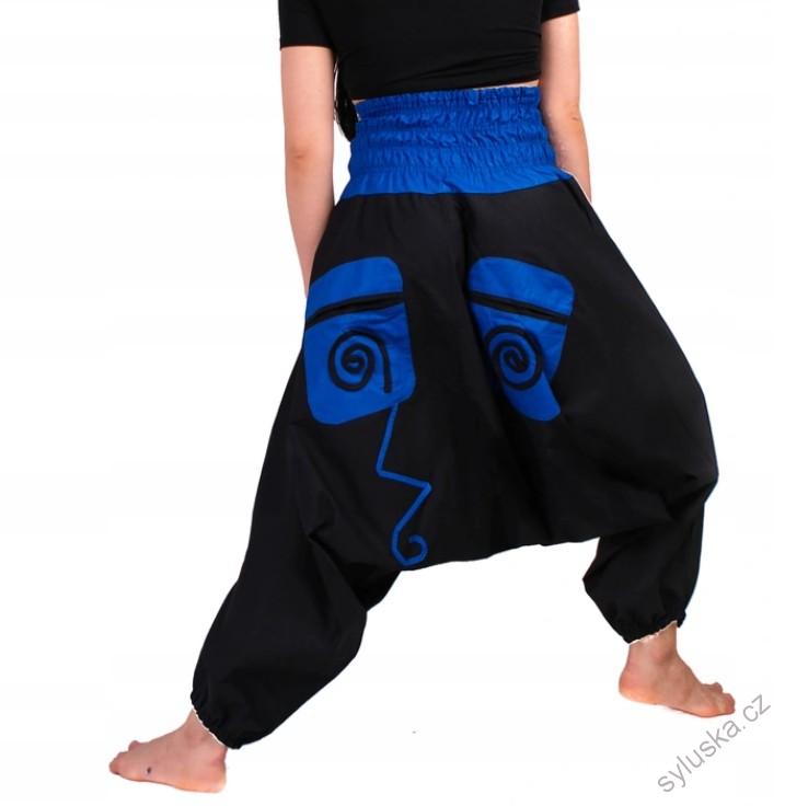 Bavlněné HAREM YOGA kalhoty ČERNÉ - S MODROU