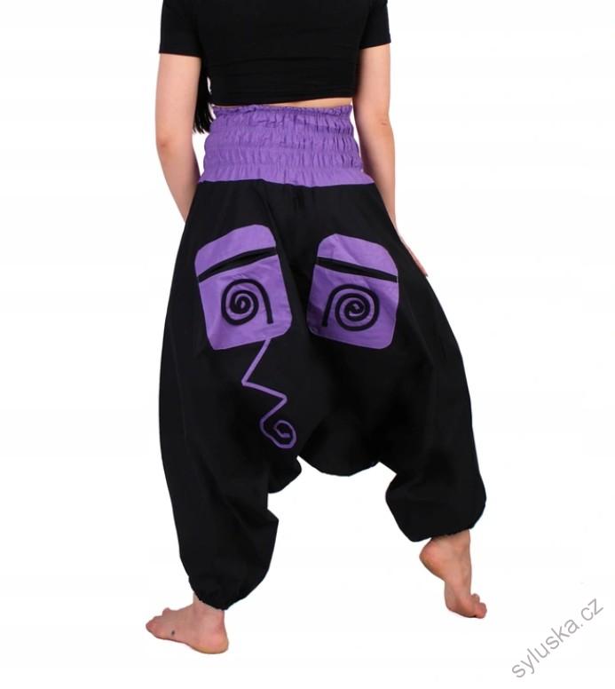 Bavlněné HAREM YOGA kalhoty ČERNÉ - S FIALOVOU