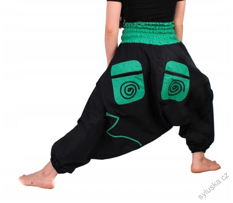 Bavlněné HAREM YOGA kalhoty ČERNÉ - SE ZELENOU