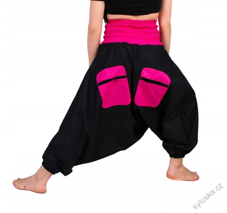 Bavlněné HAREM YOGA kalhoty ČERNÉ - S RŮŽOVOU