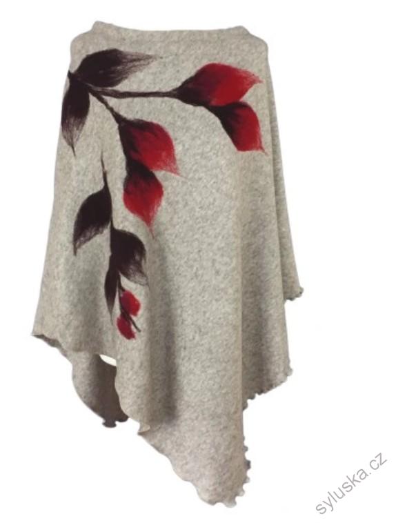 SVĚTLÉ CAPPUCCINO pončo s červenými květy + šála