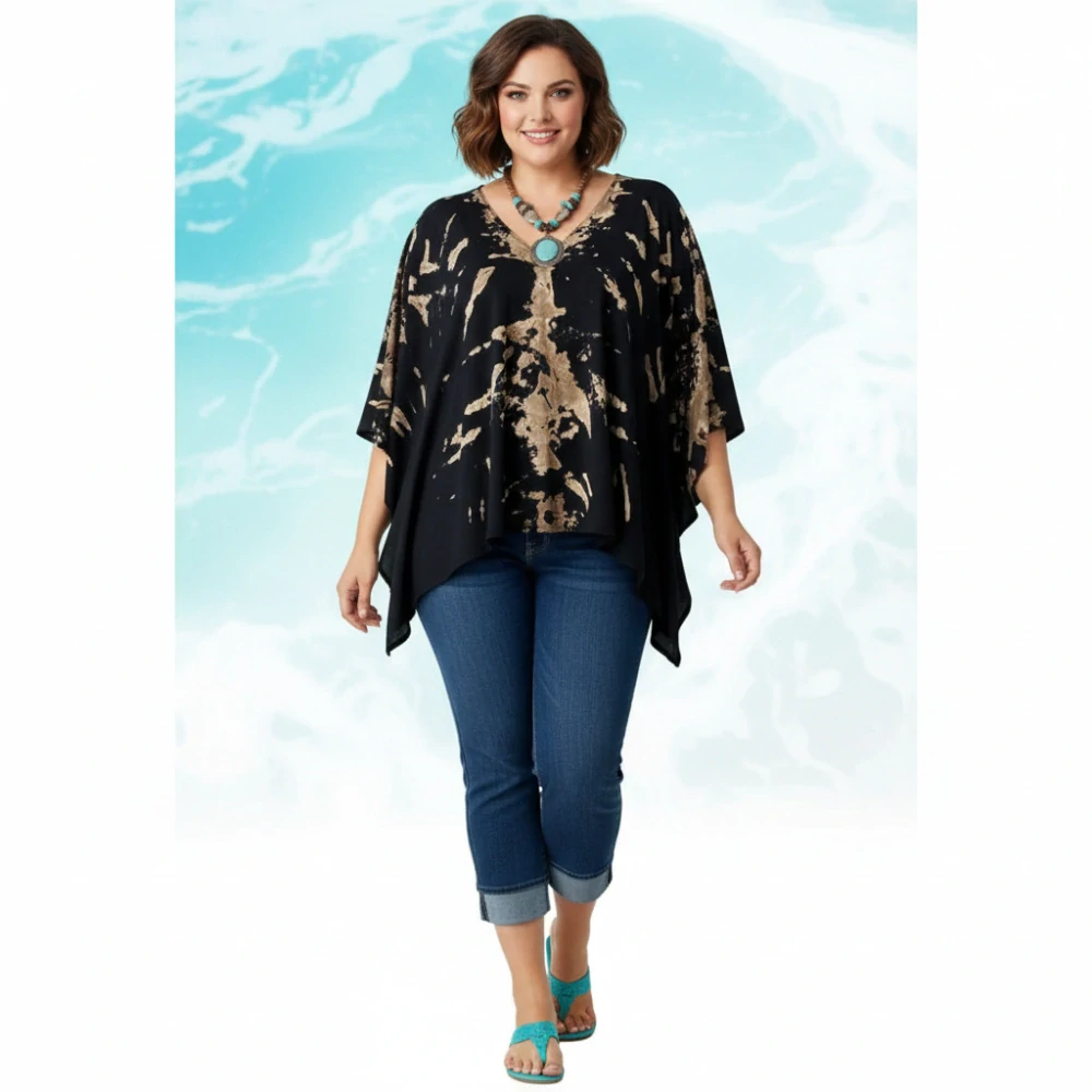 SKLADEM - Černý batikovaný krátký kaftan (50) - výstřih do V