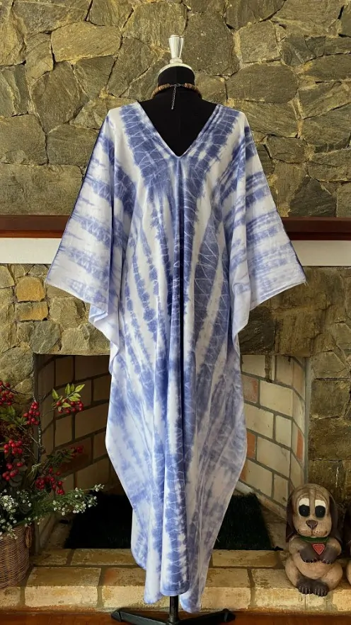 Indigo batikovaný KAFTAN dlouhý  (01) - výstřih do V