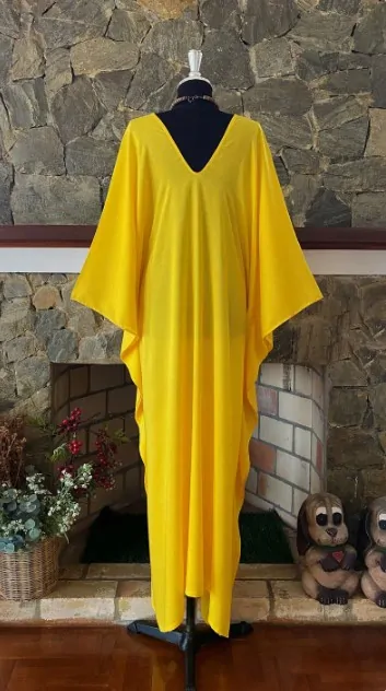 ŽLUTÝ jednobarevný KAFTAN dlouhý (15h) - výstřih do V