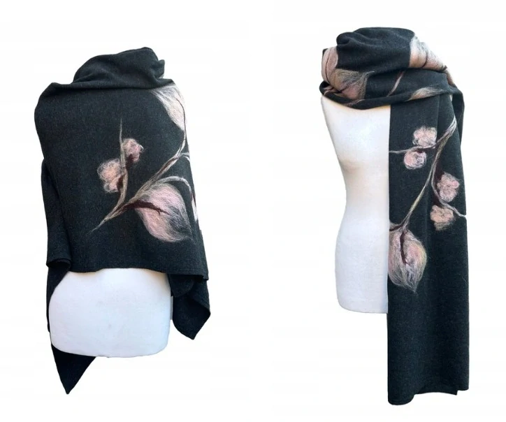 TMAVĚ ŠEDÁ vlněná ŠÁLA se vzorem