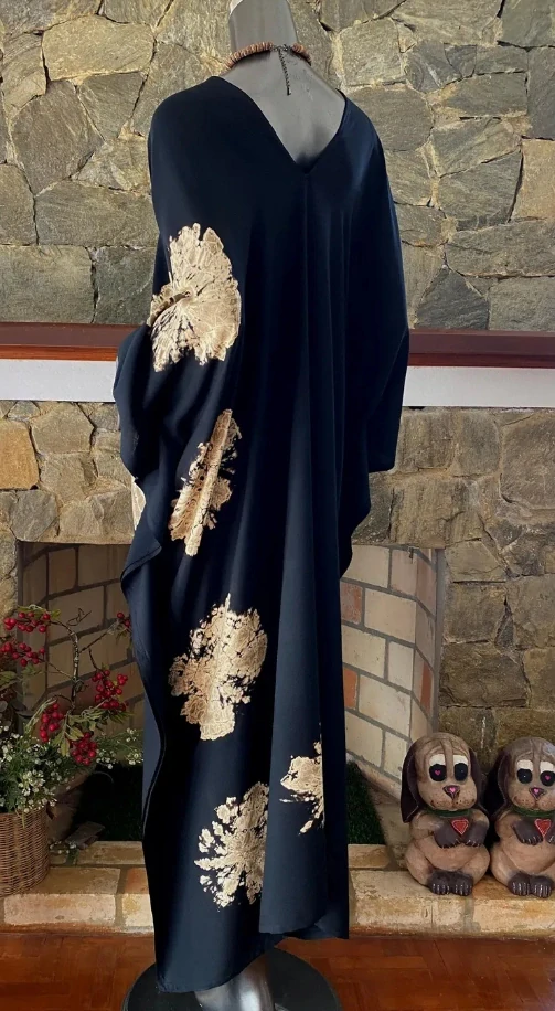 ČERNÝ batikovaný KAFTAN dlouhý  (06) - výstřih do V