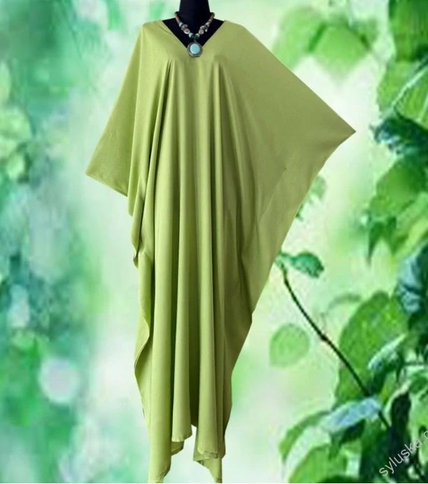 SKLADEM - SVĚTLE ZELENÝ jednobarevný KAFTAN dlouhý (15c) - výstřih do V