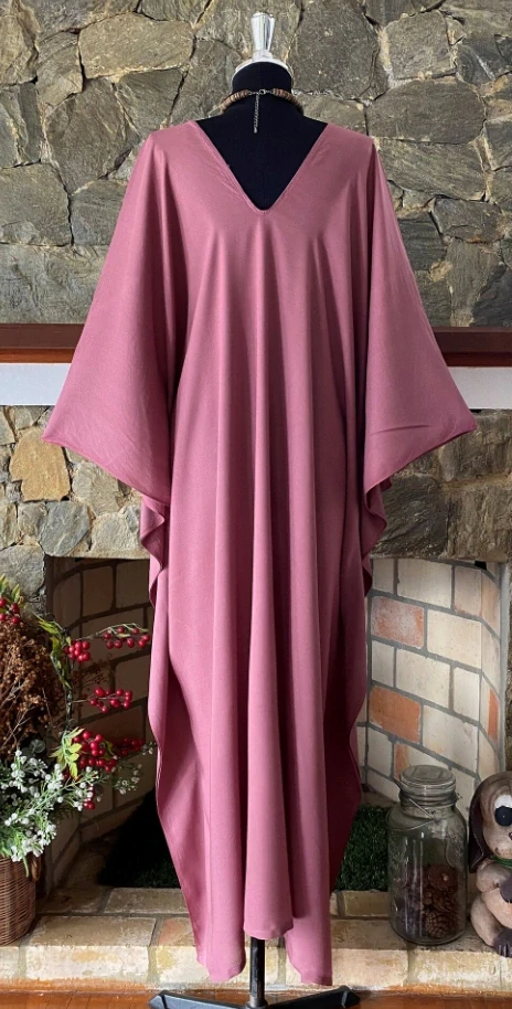 STARORŮŽOVÝ jednobarevný KAFTAN dlouhý (15a) - výstřih do V