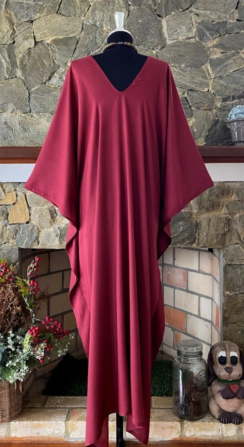 VÍNOVÝ jednobarevný KAFTAN dlouhý (15) - výstřih do V